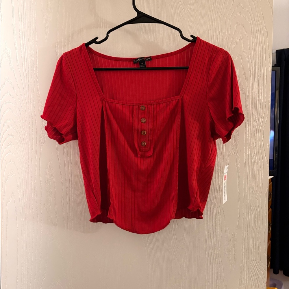 Red Button-Front Ribbed Top